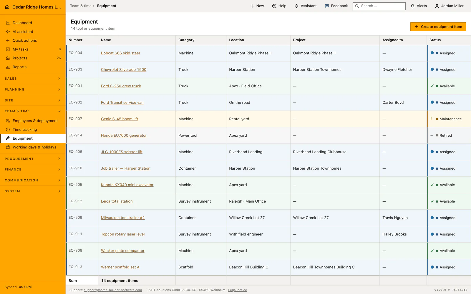 Real Home Builder Software interface for Construction equipment tracking