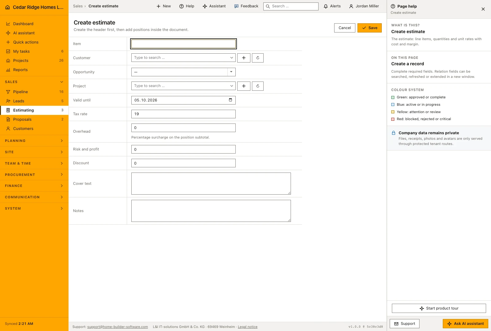 Real product screenshot: Construction estimating software