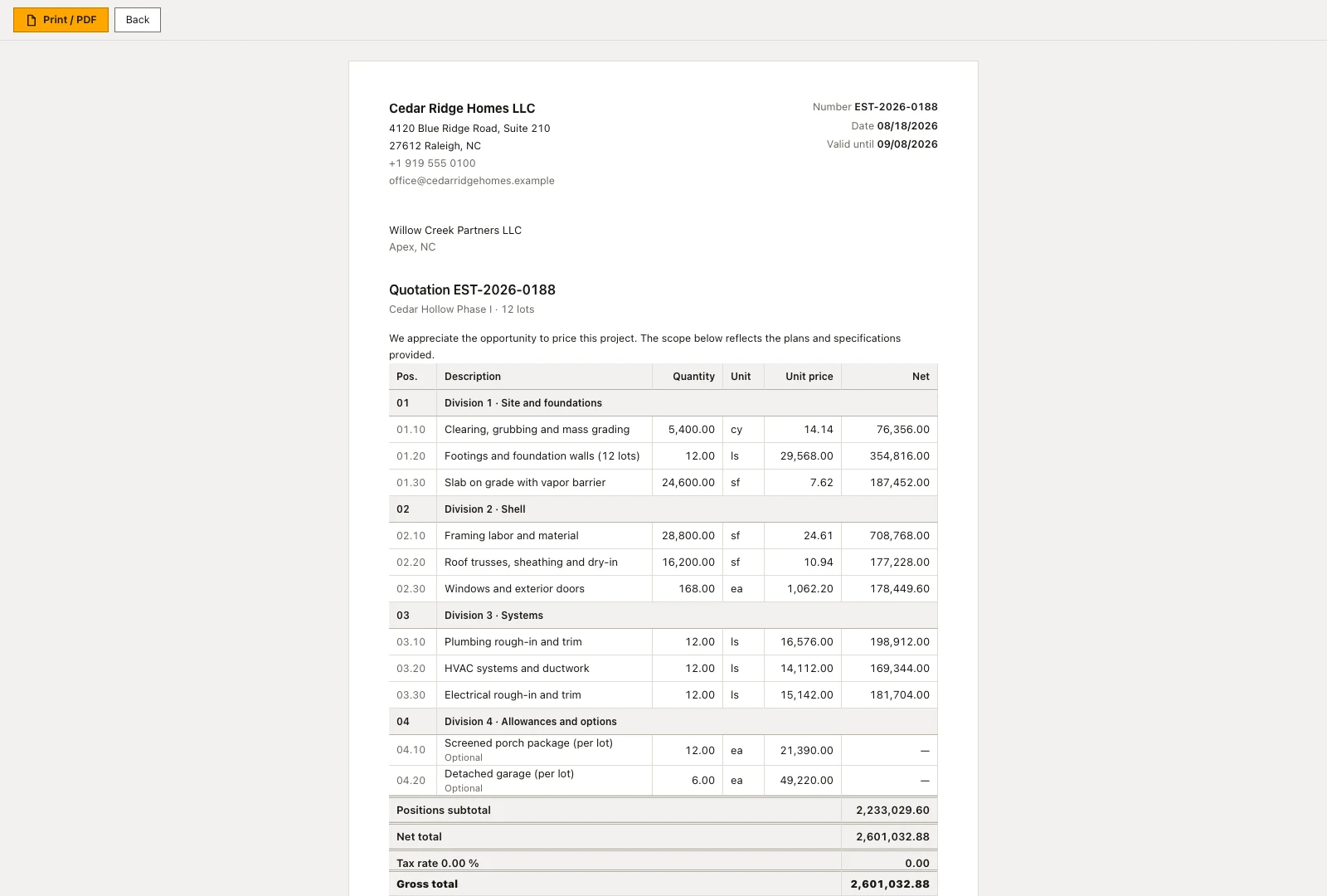 Real product screenshot: Construction estimating software