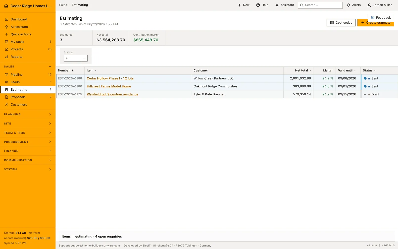 Real Home Builder Software interface for Construction estimating software