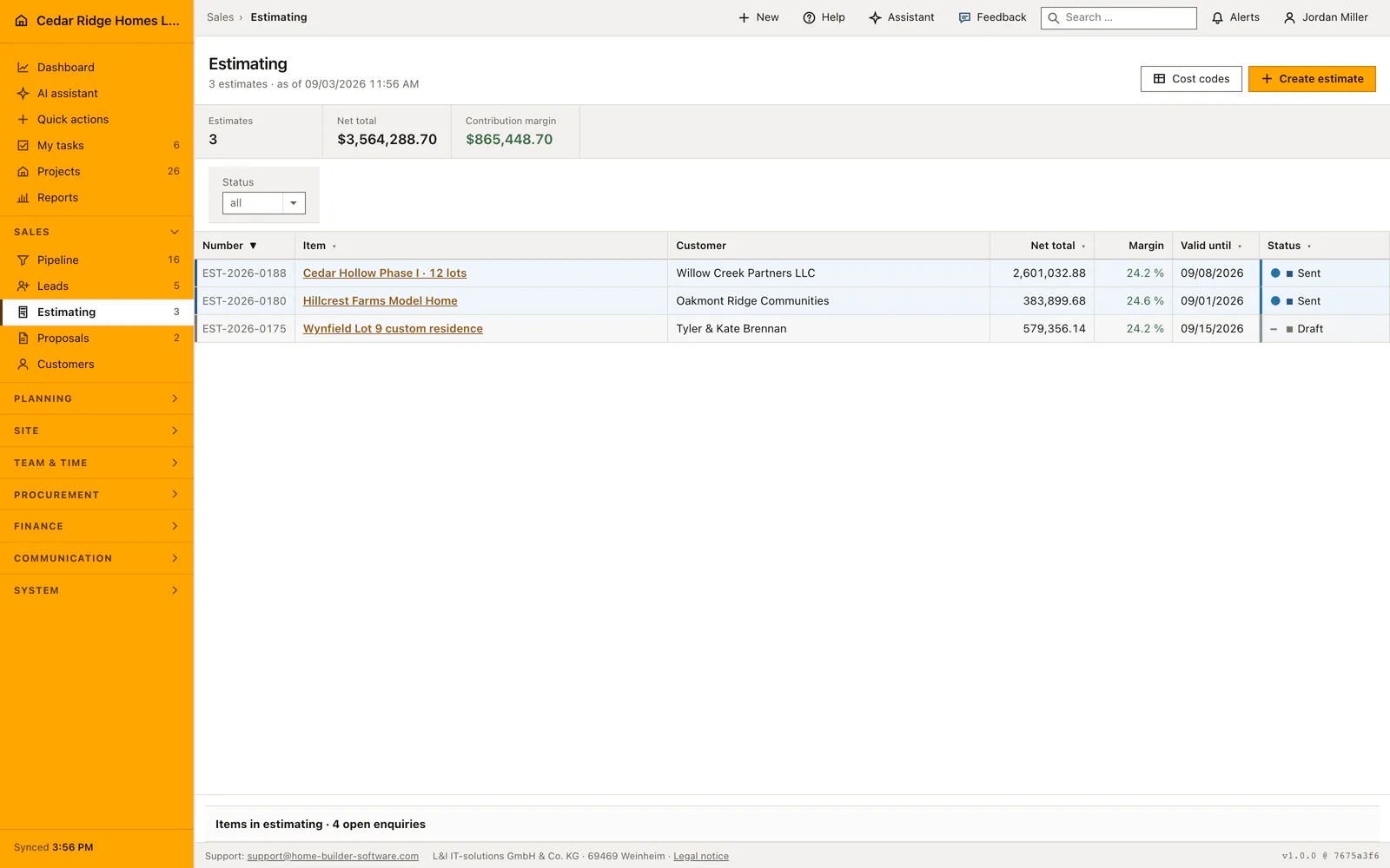 Real Home Builder Software interface for Construction estimating software