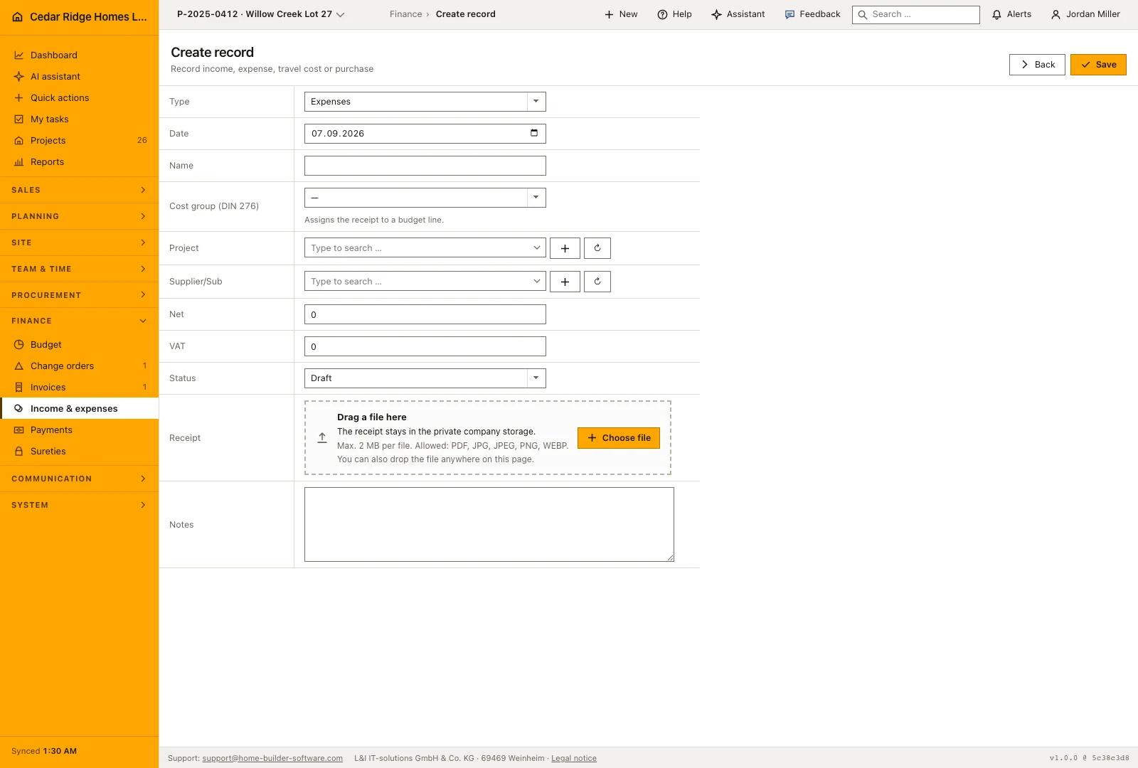 Real product screenshot: Construction income and expense records