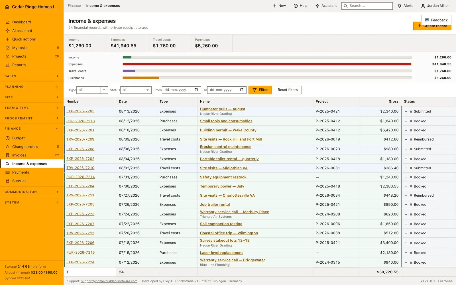 Real Home Builder Software interface for Construction income and expense records