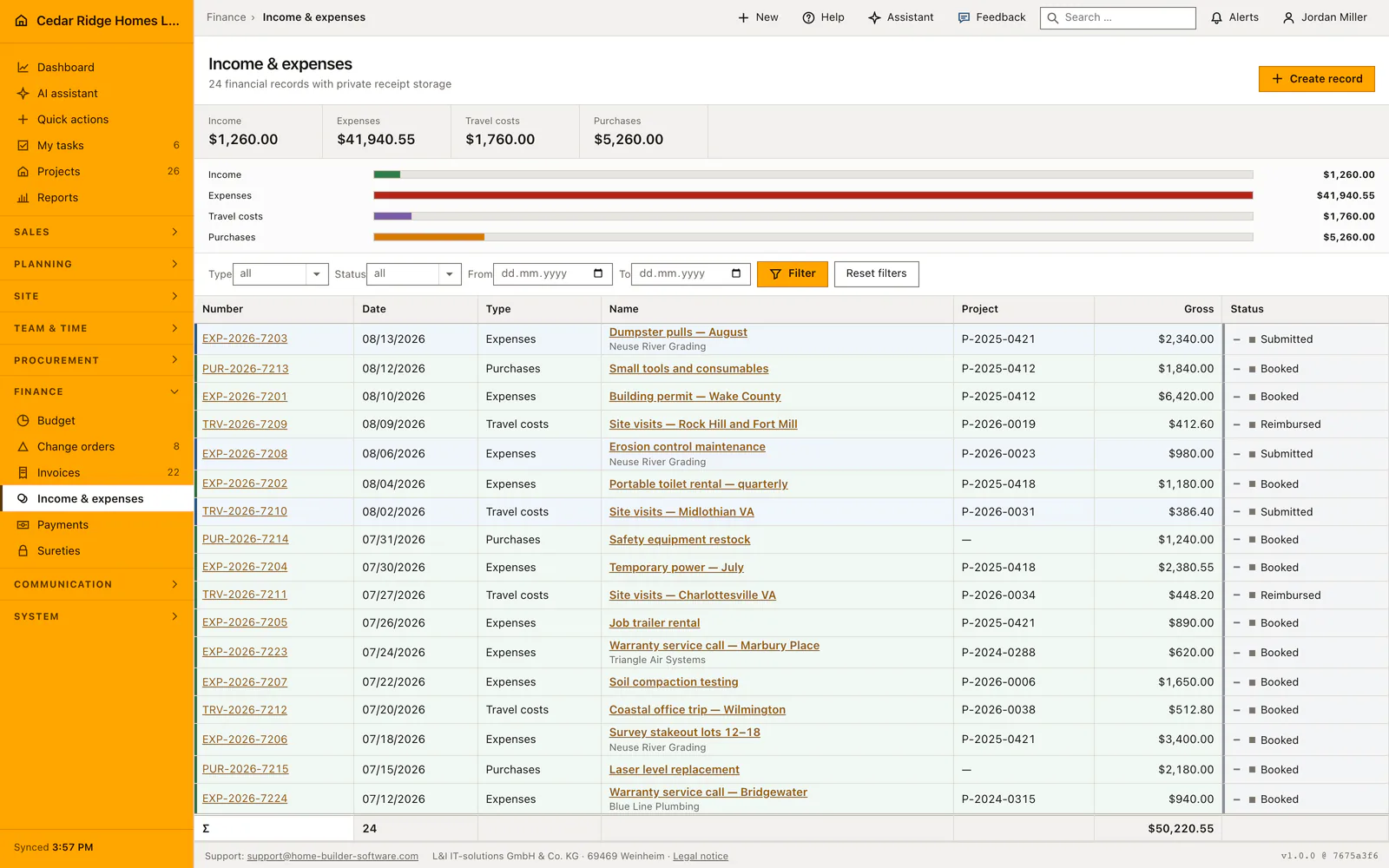 Real Home Builder Software interface for Construction income and expense records
