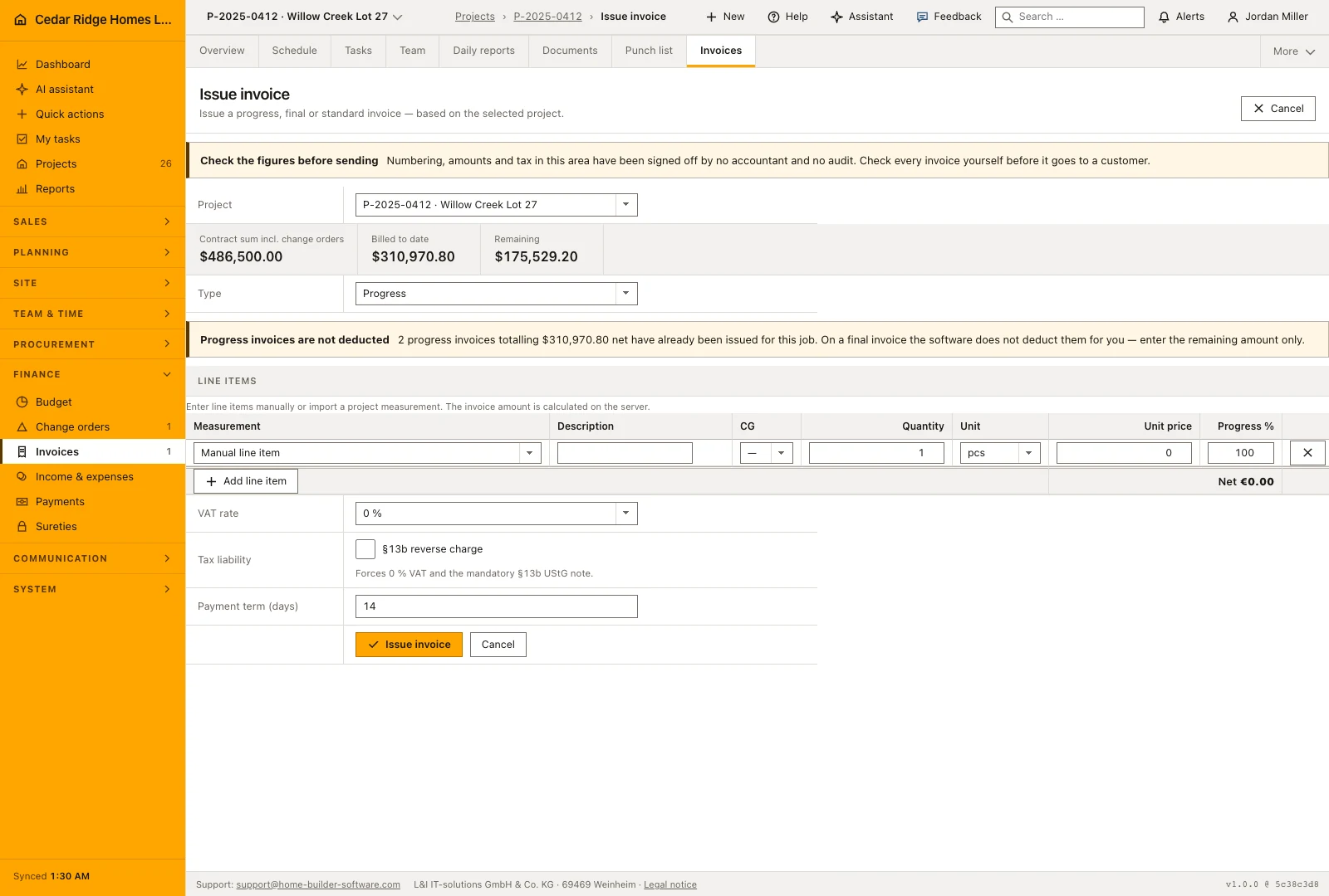 Real product screenshot: Construction invoicing software