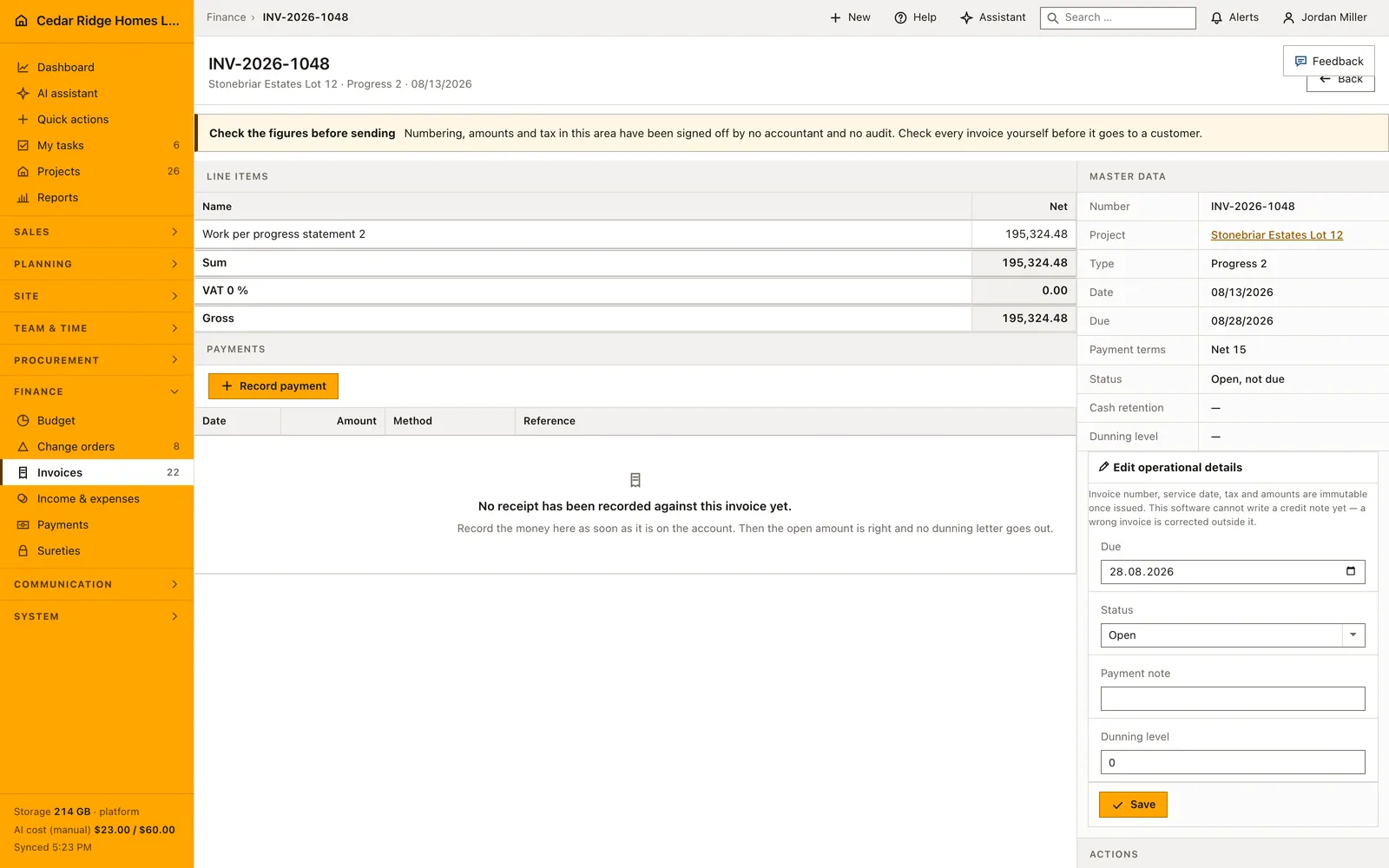 Real Home Builder Software interface for Construction invoicing software