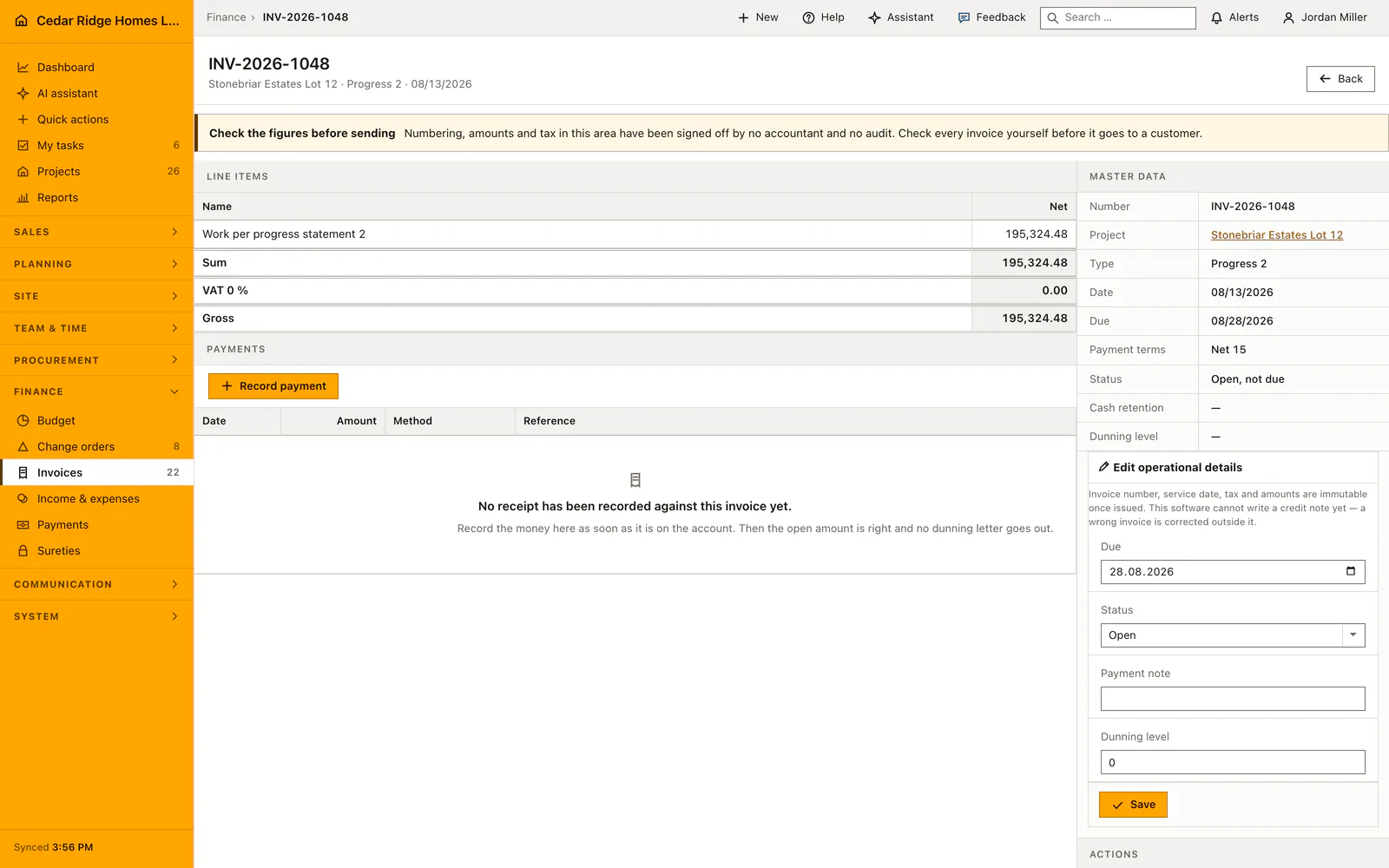 Real Home Builder Software interface for Construction invoicing software