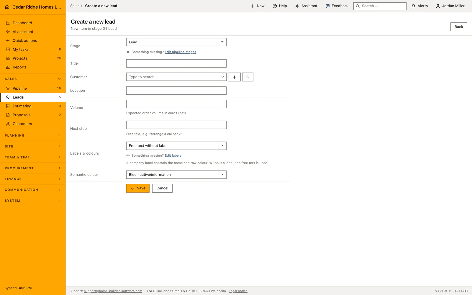 Real product screenshot: Construction lead management