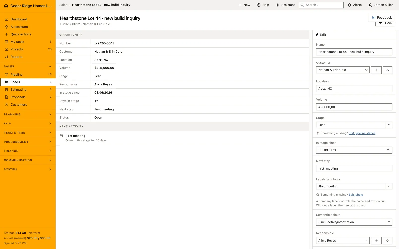 Real Home Builder Software interface for Construction lead management