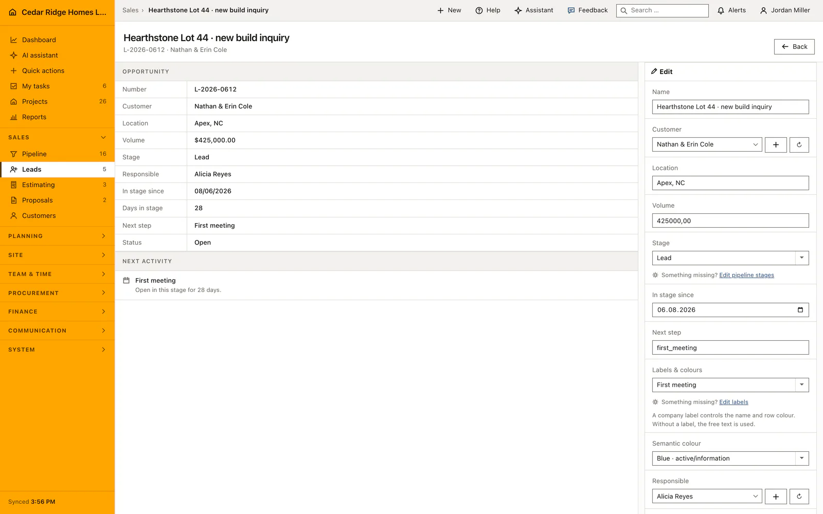 Real Home Builder Software interface for Construction lead management