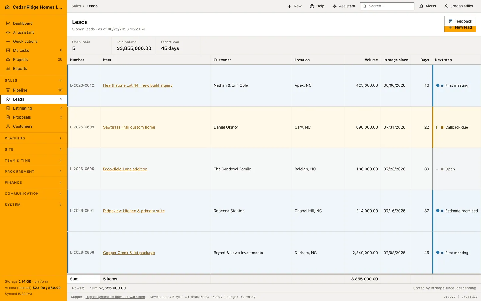 Real product screenshot: Construction lead management