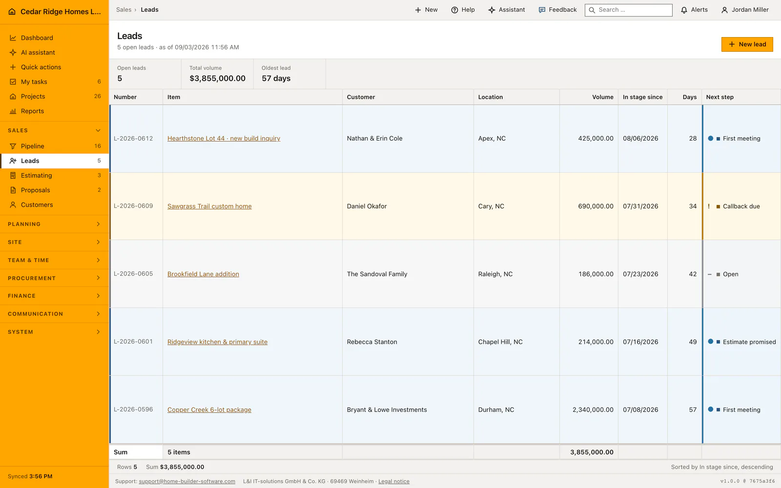Real product screenshot: Construction lead management