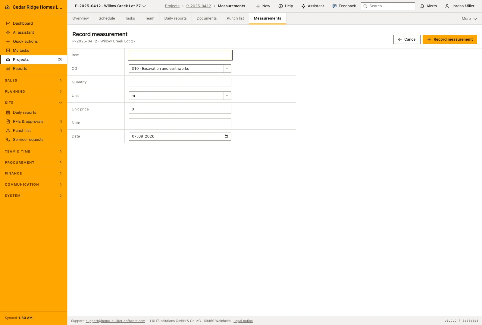 Real product screenshot: Construction quantity measurements