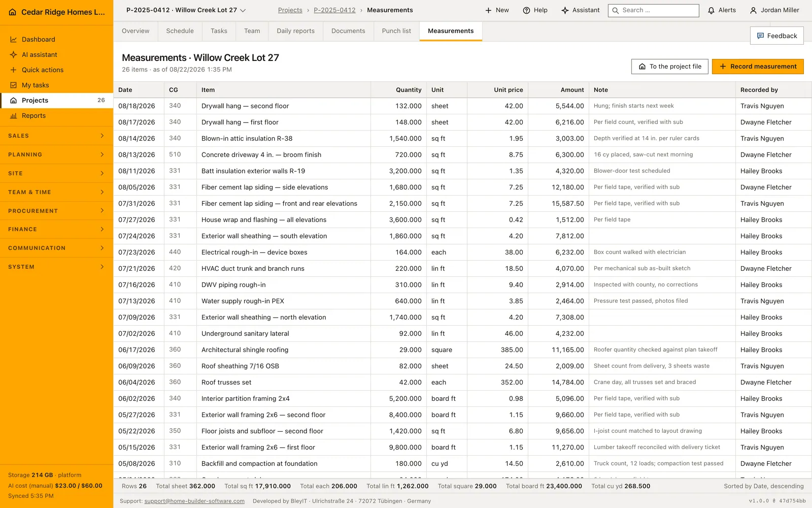 Real Home Builder Software interface for Construction quantity measurements