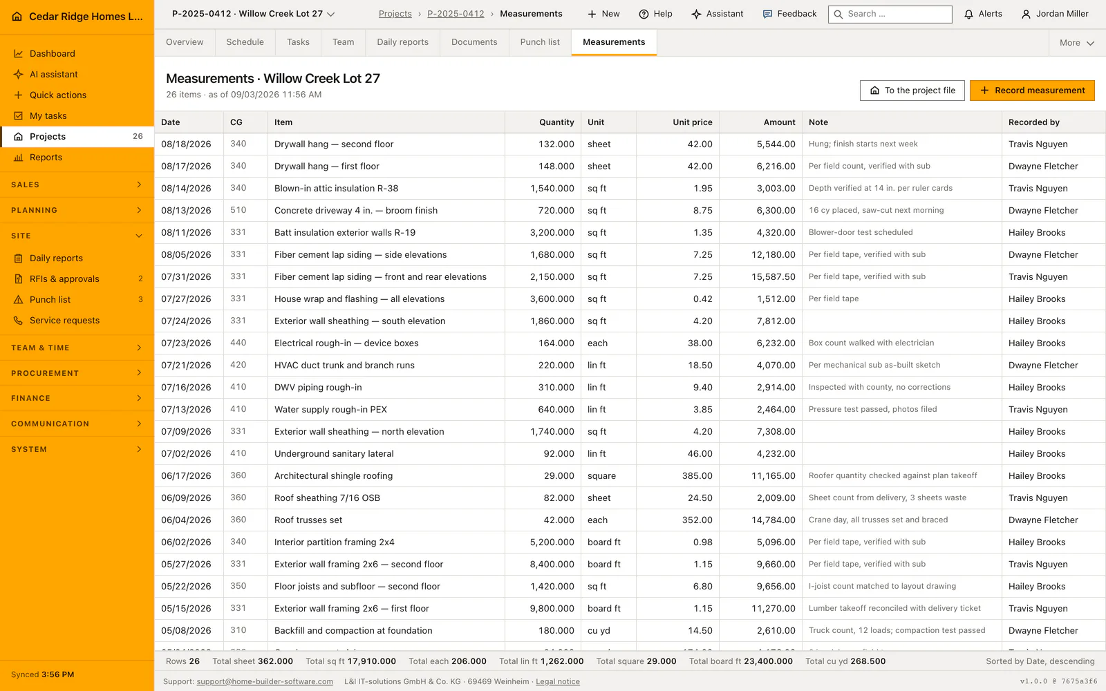 Real Home Builder Software interface for Construction quantity measurements