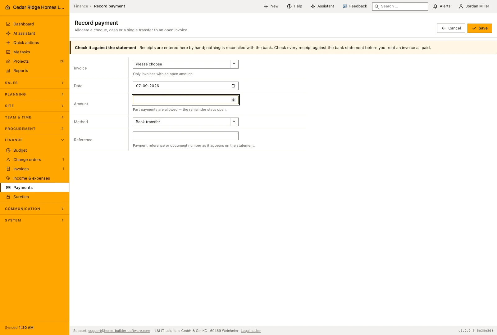 Real product screenshot: Construction payment tracking and bank matching