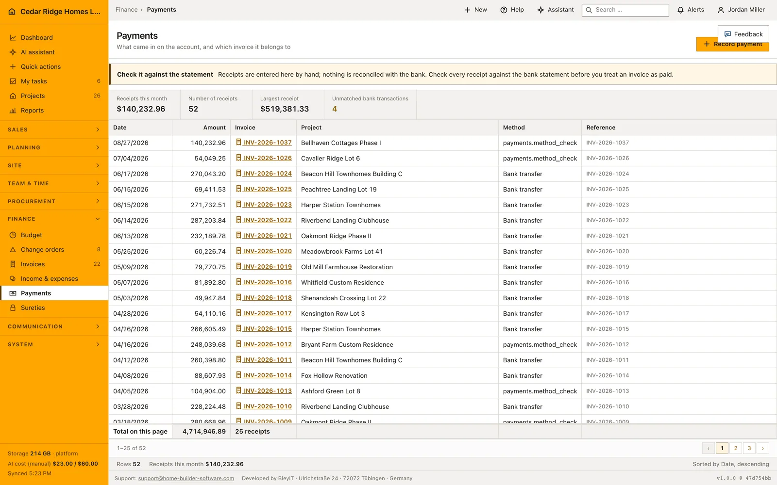 Real Home Builder Software interface for Construction payment tracking and bank matching