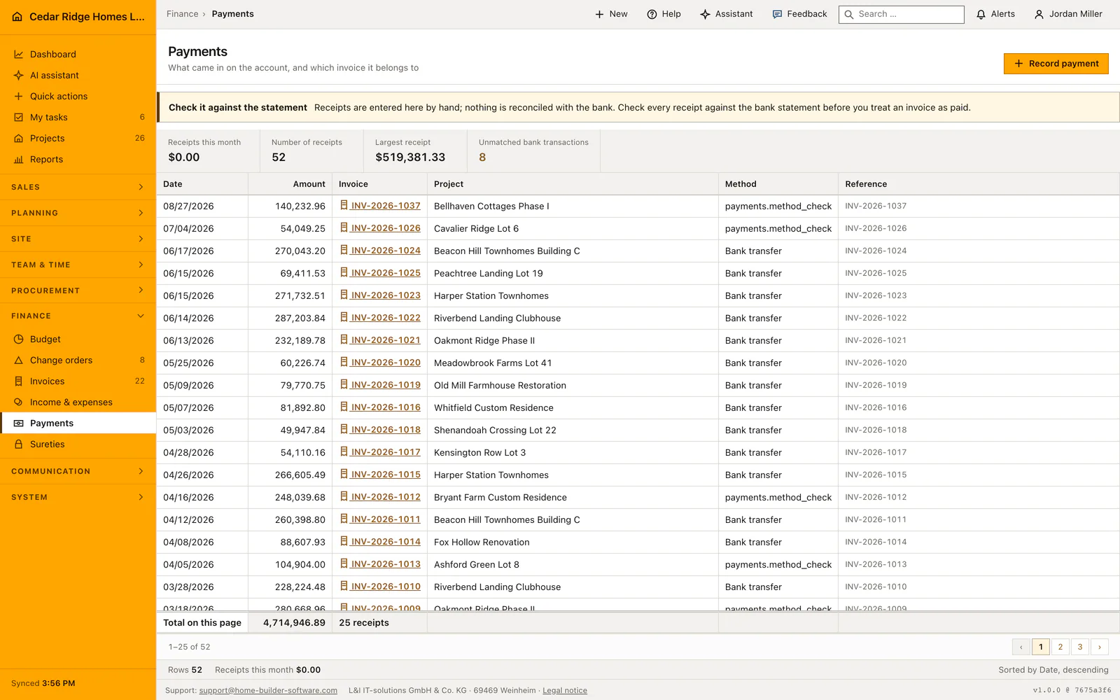 Real Home Builder Software interface for Construction payment tracking and bank matching