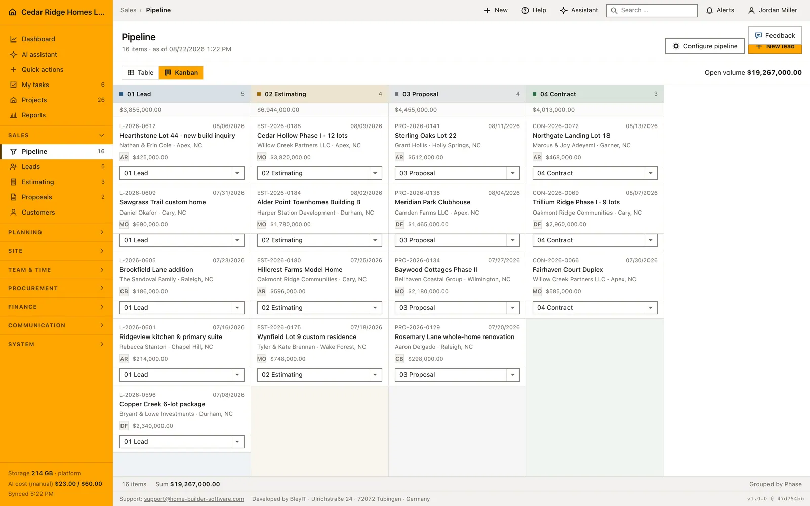Real Home Builder Software interface for Custom construction sales pipeline