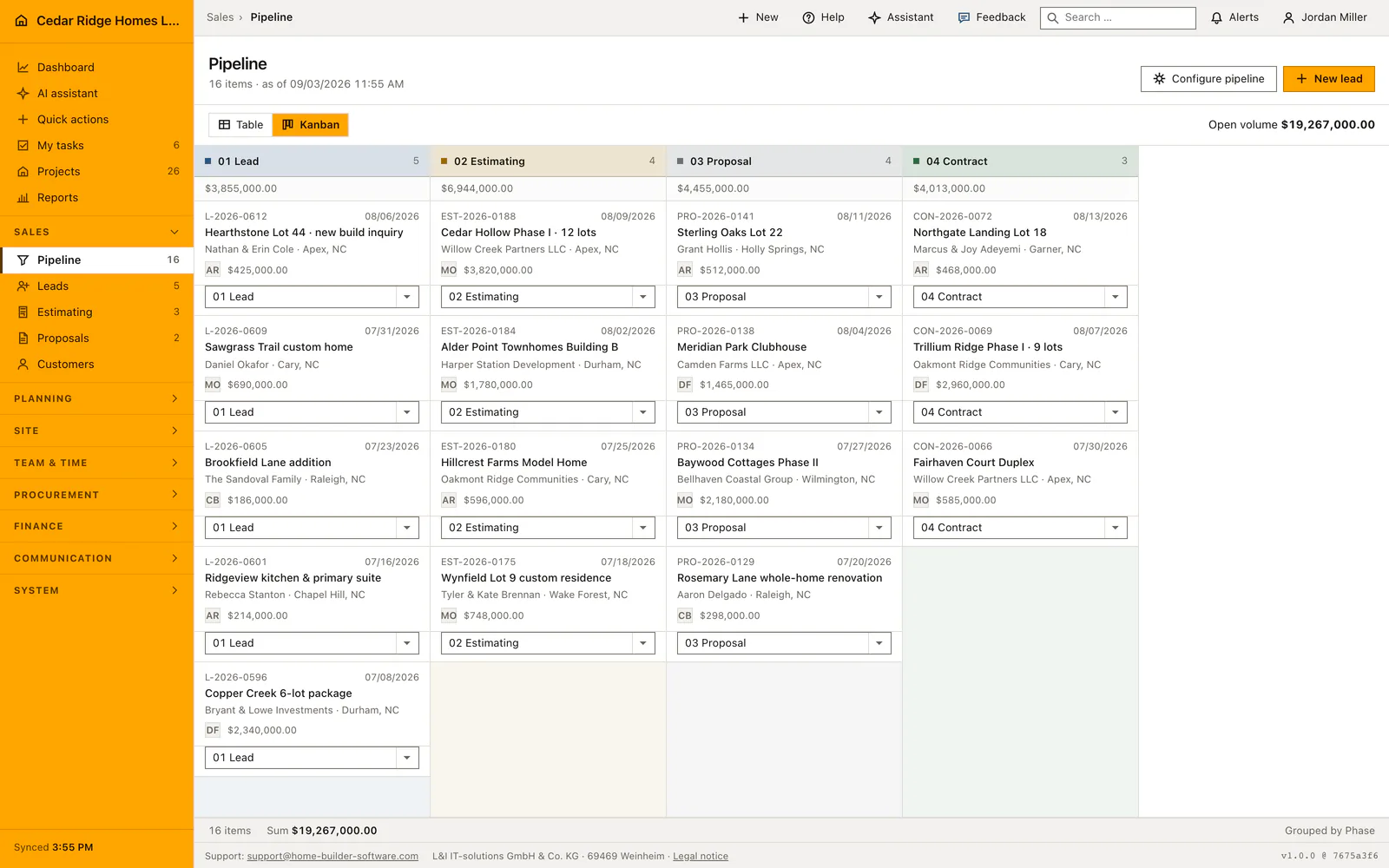 Home Builder Software construction sales pipeline with opportunities, values, stages and responsible people