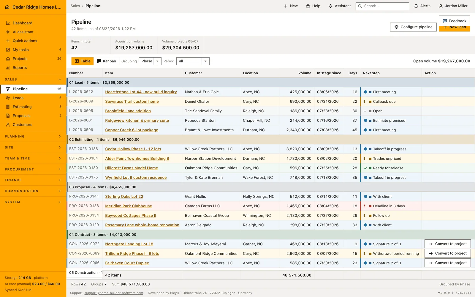 Real product screenshot: Construction proposal tracking