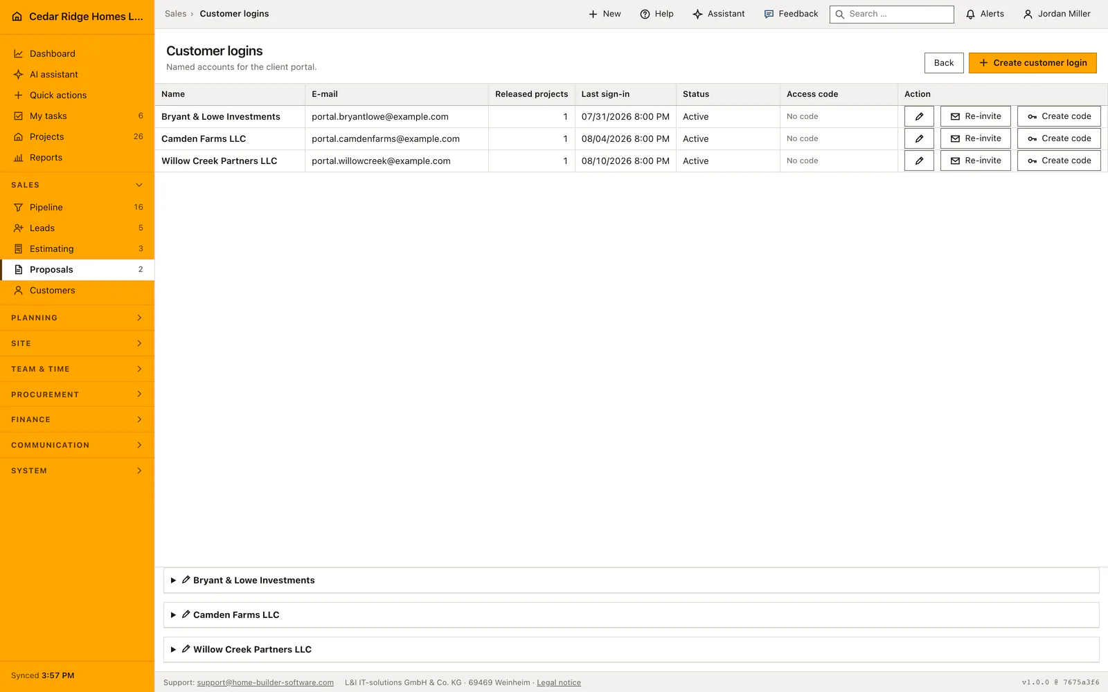Real product screenshot: Customer portal for home builders