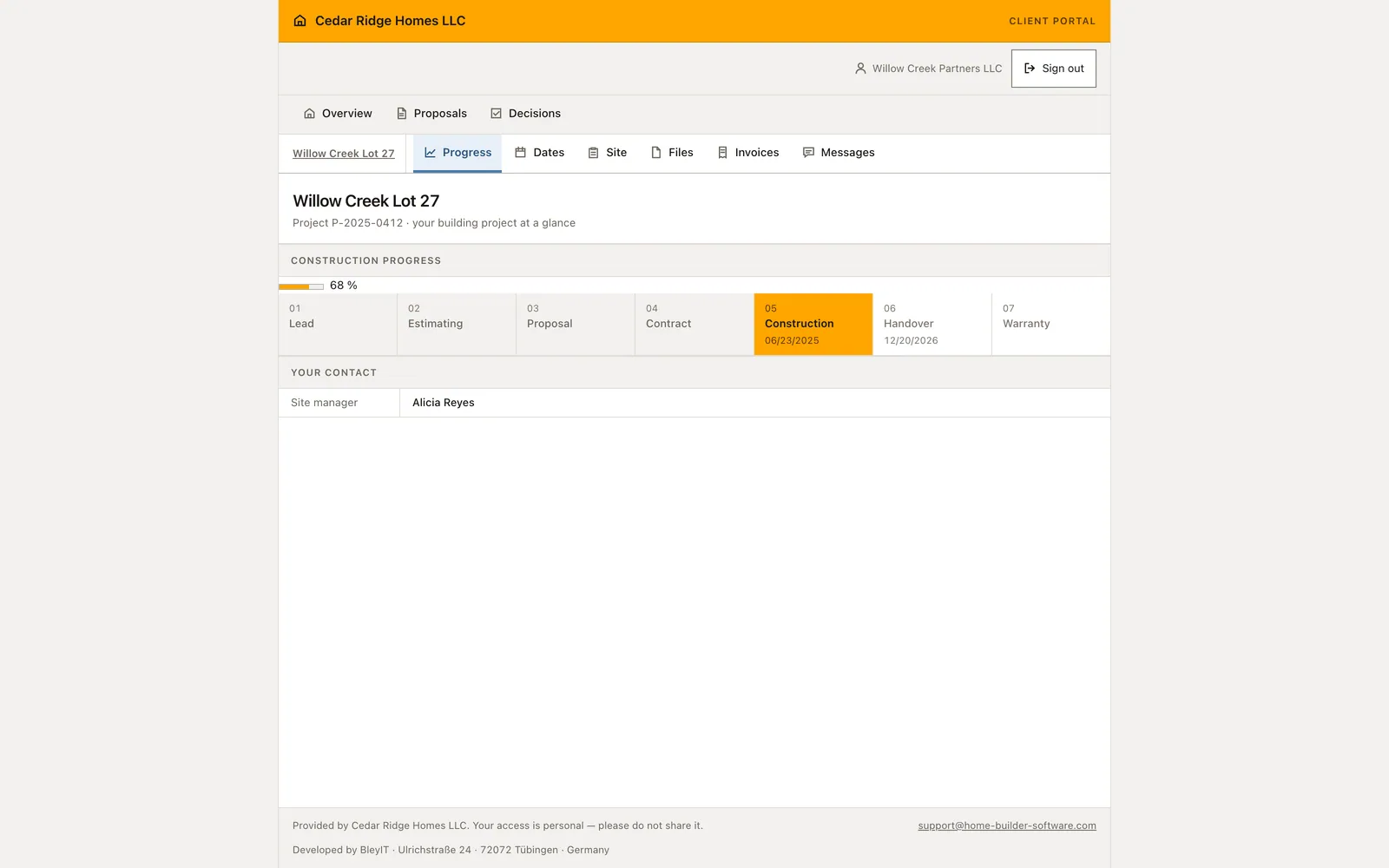 Real Home Builder Software interface for Customer portal for home builders
