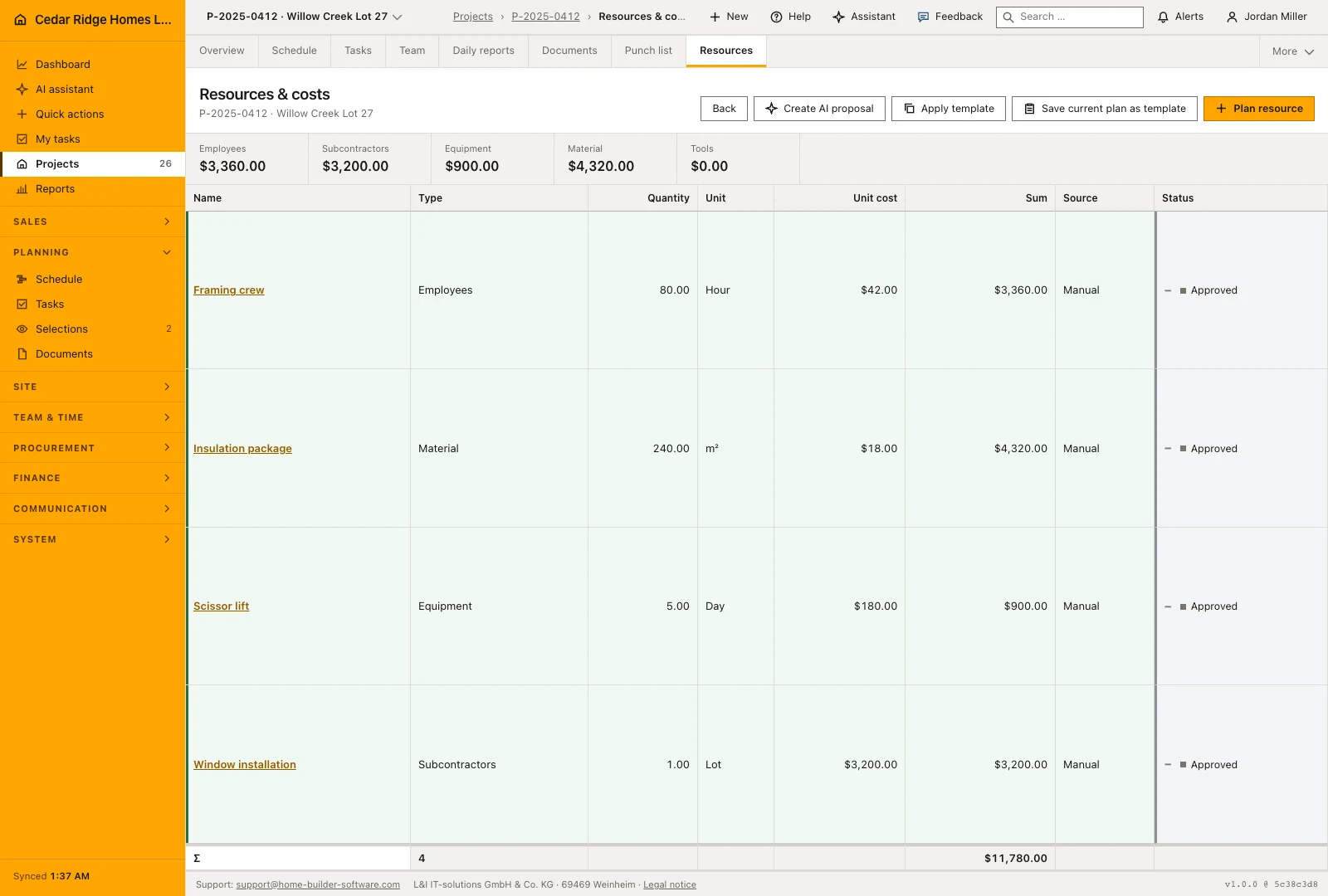 Real Home Builder Software interface for Project resource and cost planning