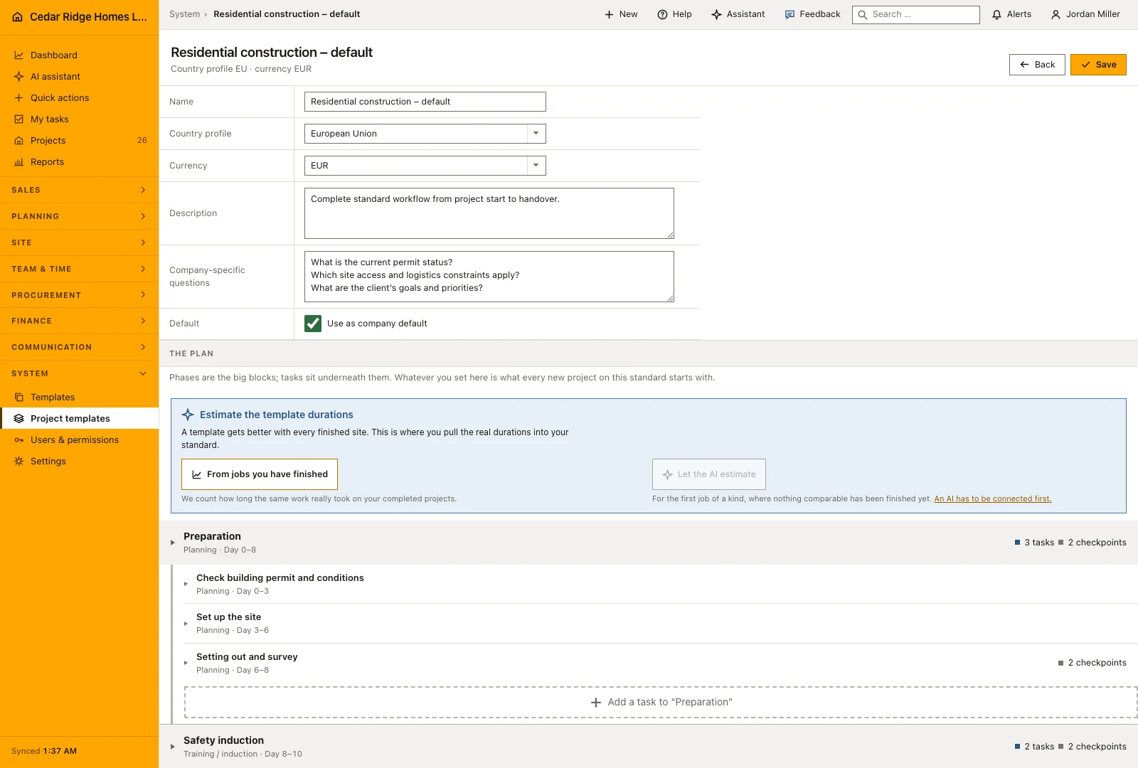 Real Home Builder Software interface for Construction project templates