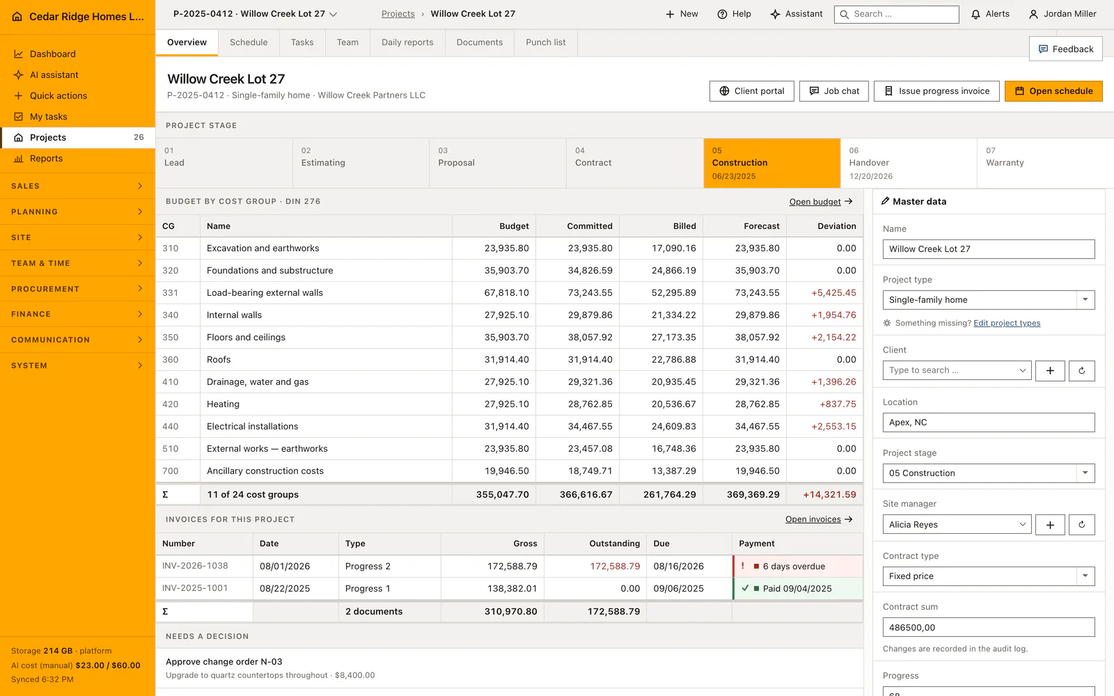 Real Home Builder Software interface for Home building project management
