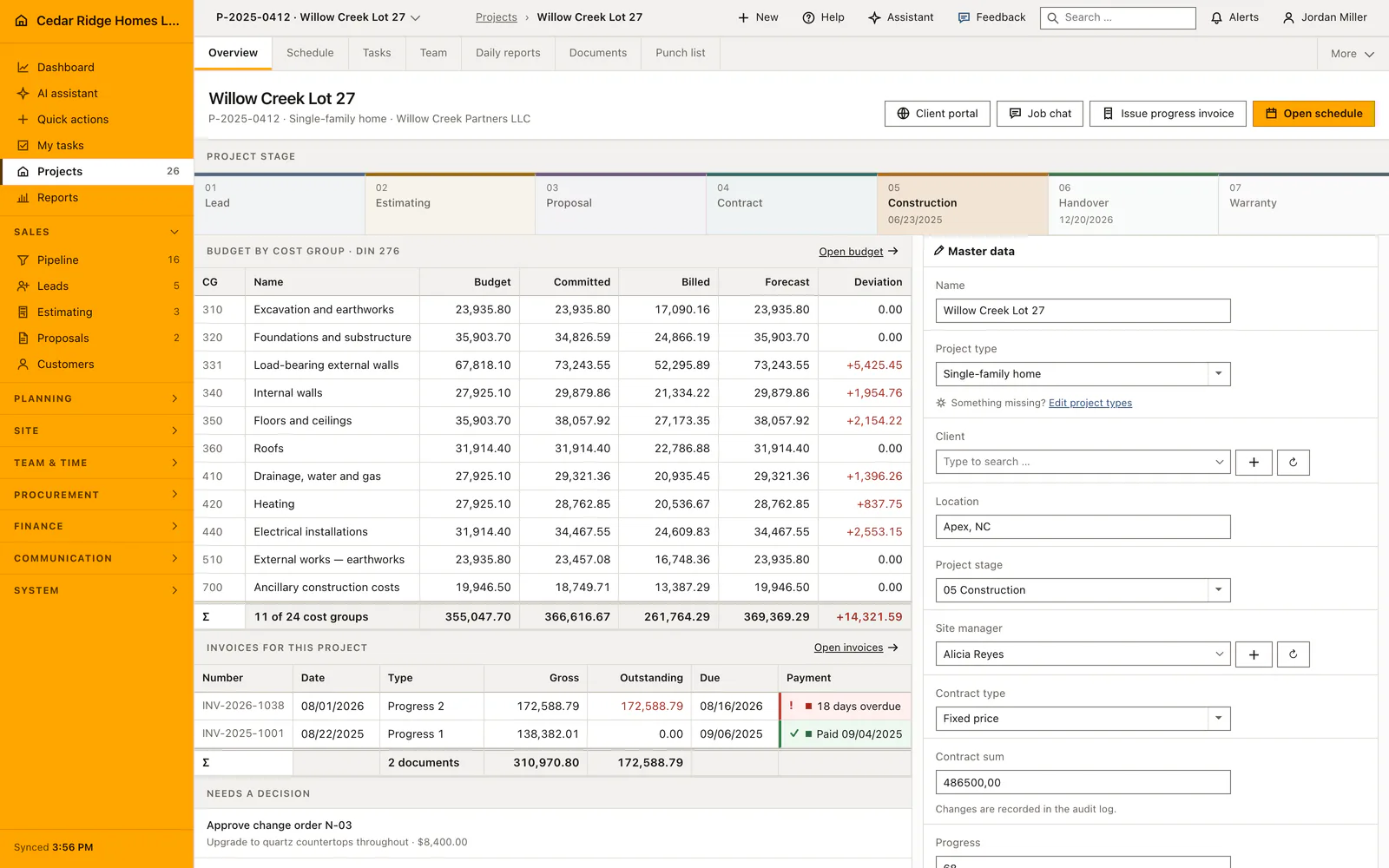 Real Home Builder Software interface for Home building project management