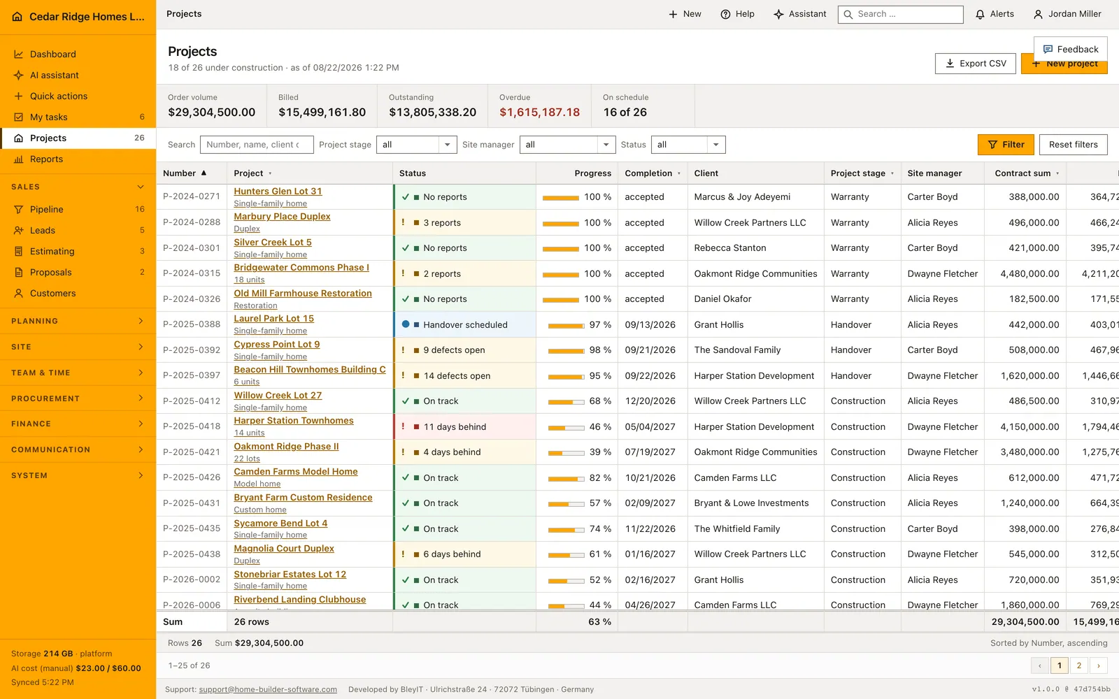 Real product screenshot: Construction surety tracking