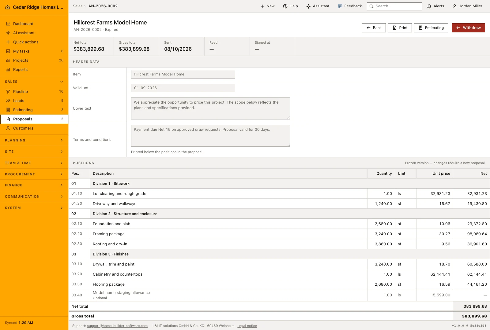 Real product screenshot: Construction proposal tracking