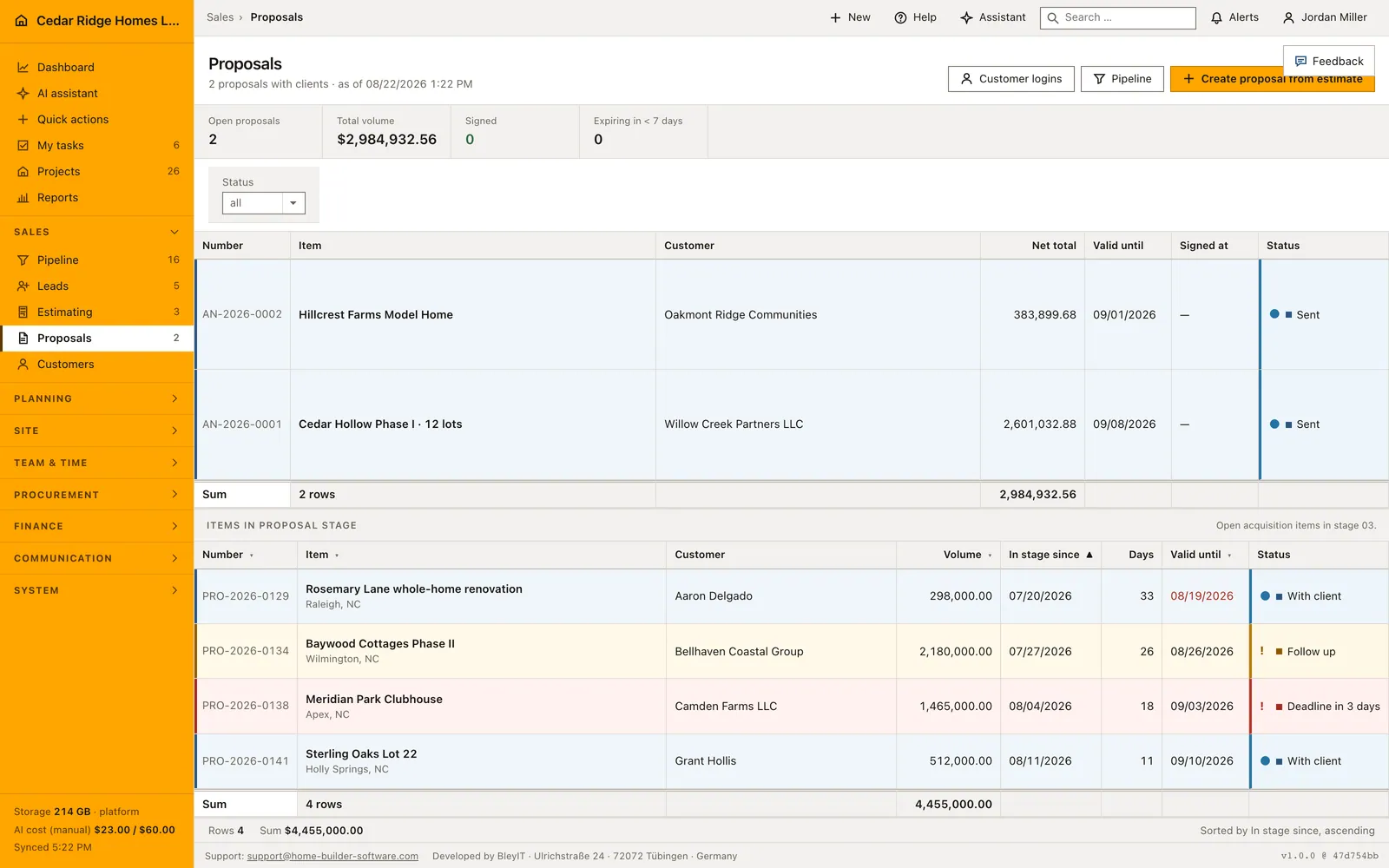 Real Home Builder Software interface for Construction proposal tracking