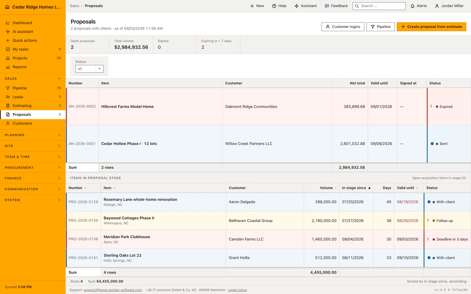 Real Home Builder Software interface for Construction proposal tracking
