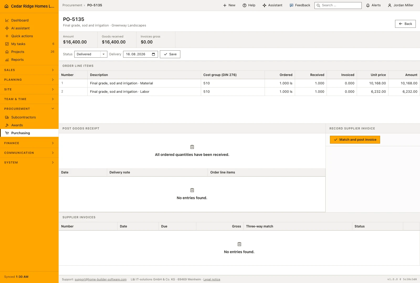 Real product screenshot: Construction subcontractor management