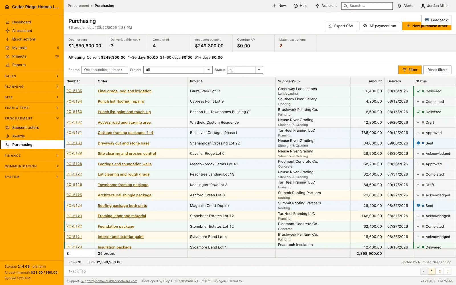 Real Home Builder Software interface for Construction purchasing and purchase orders