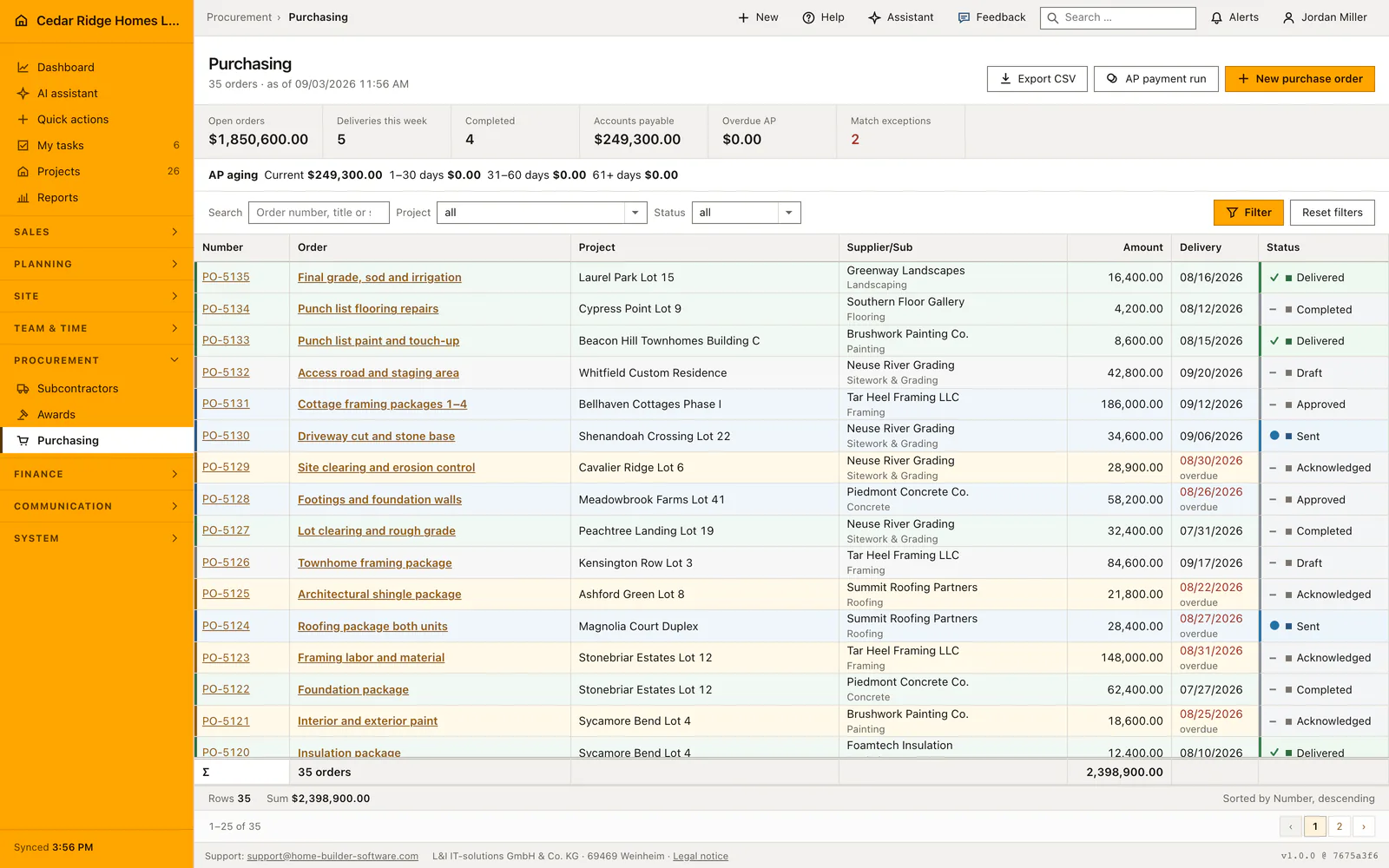 Real Home Builder Software interface for Construction purchase order software
