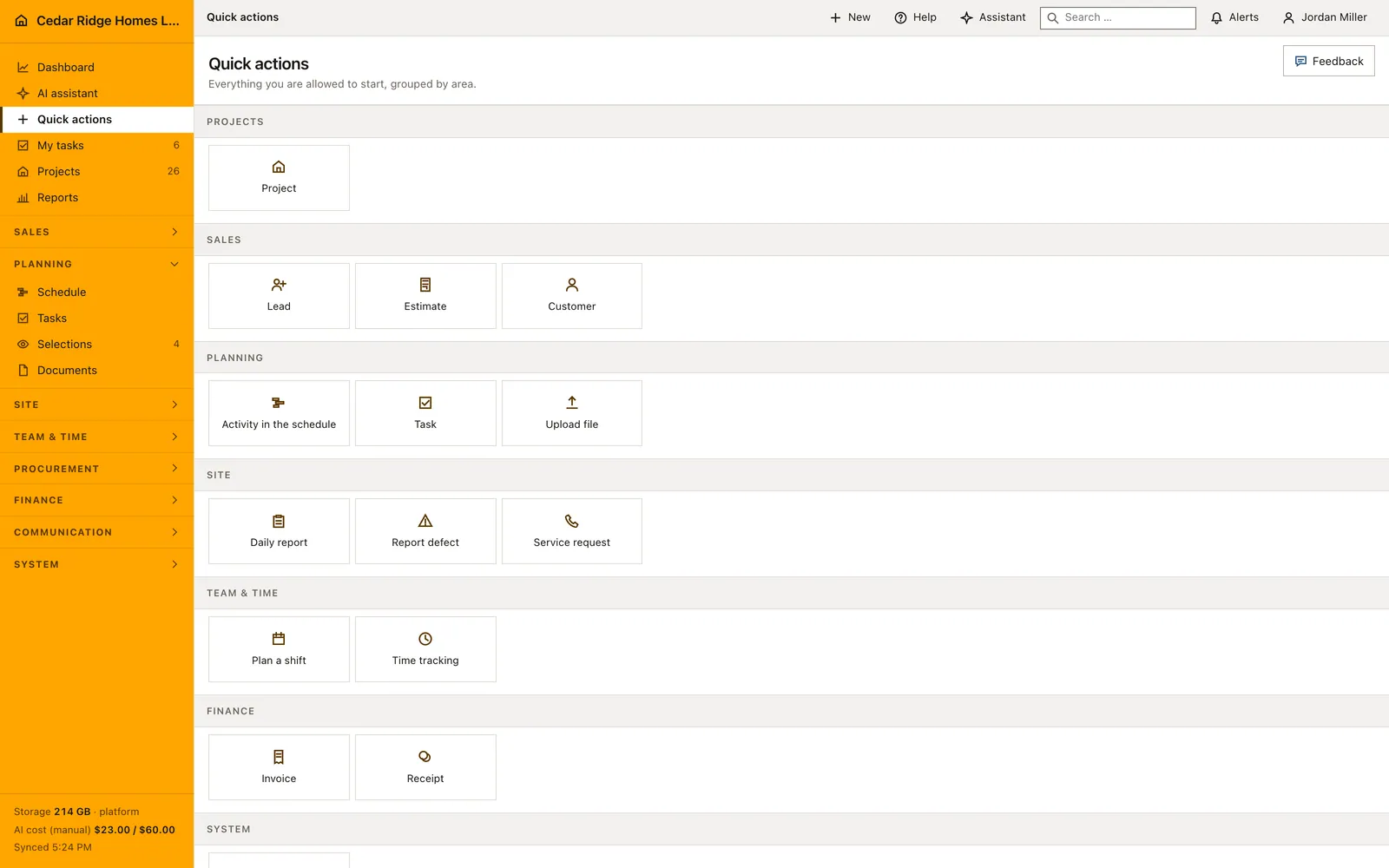 Real Home Builder Software interface for Permission-aware quick actions