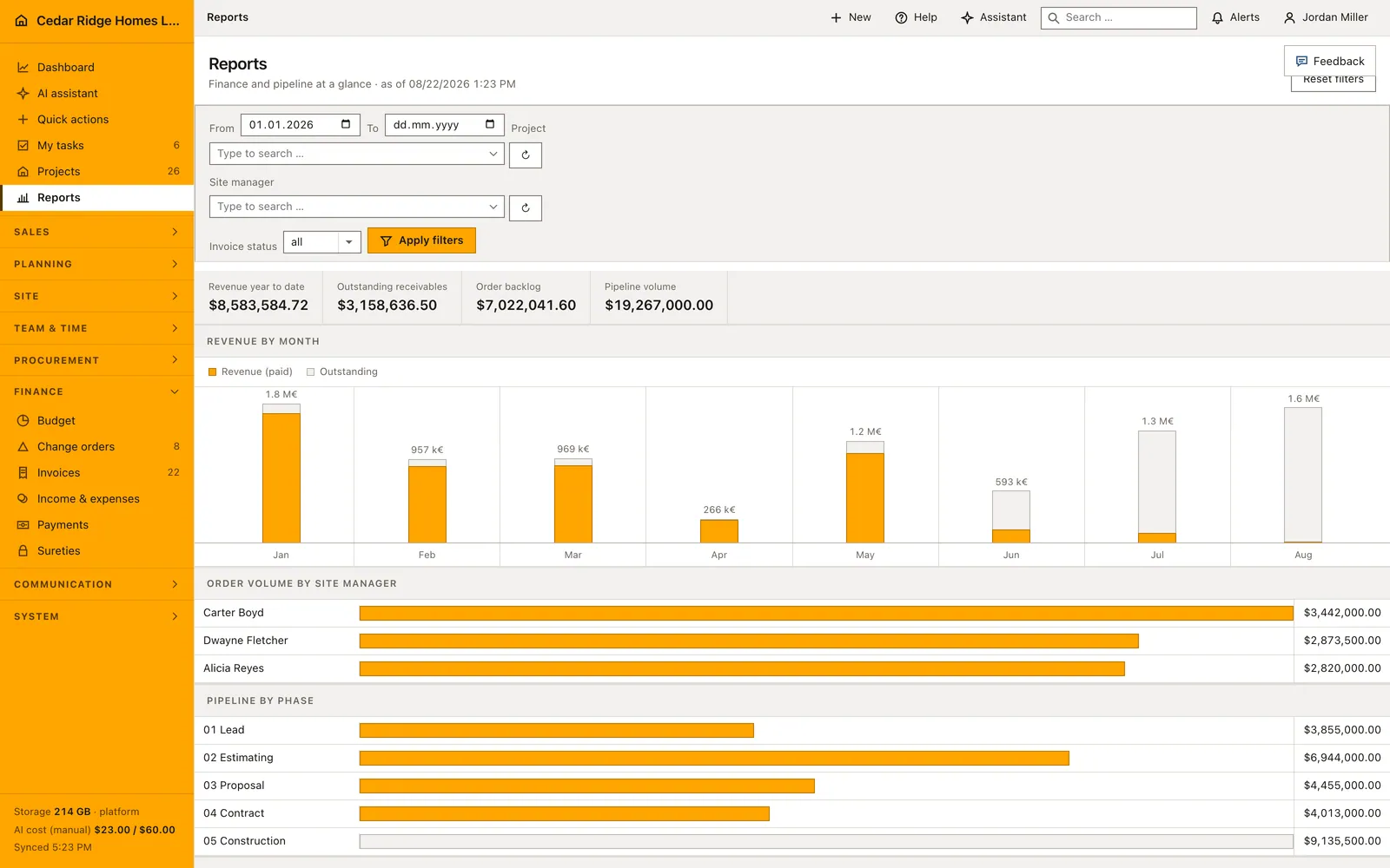 Real Home Builder Software interface for Construction business reports