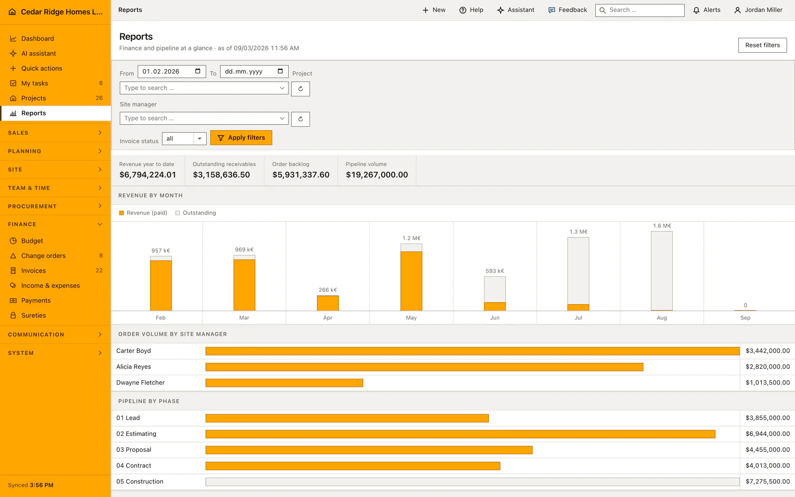 Real Home Builder Software interface for Construction business reports