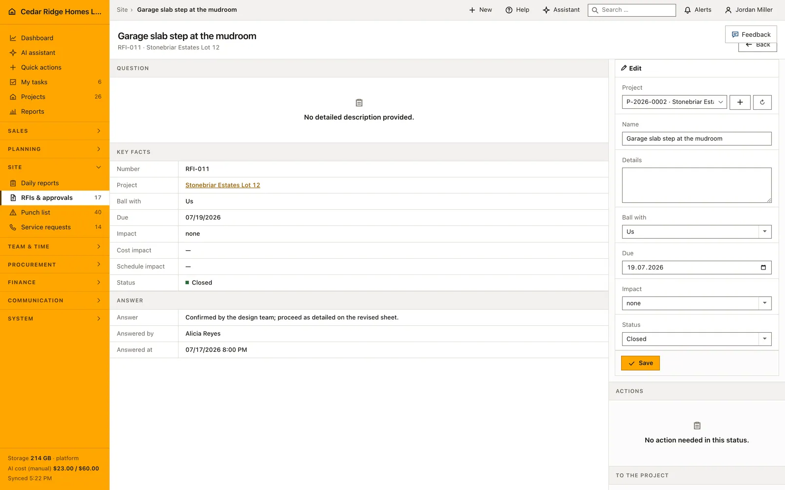 Real Home Builder Software interface for Construction RFIs and approvals