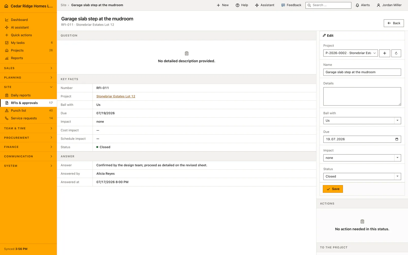 Real Home Builder Software interface for Construction RFIs and approvals
