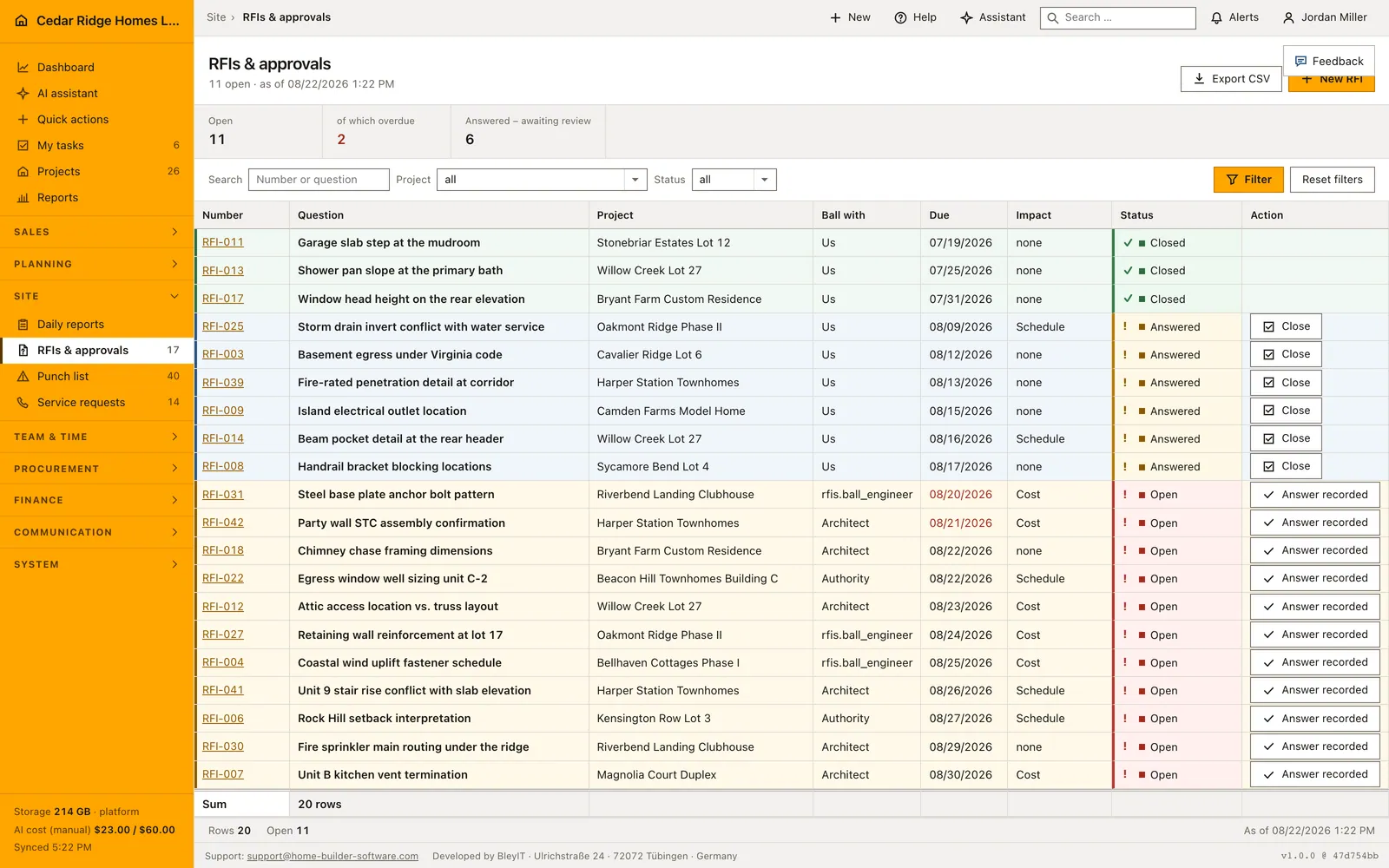 Real product screenshot: Unified construction activity history