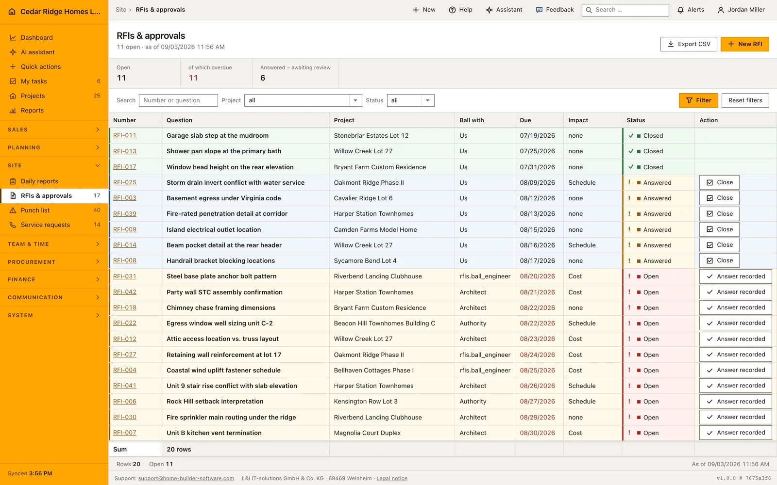 Real product screenshot: Construction RFIs and approvals
