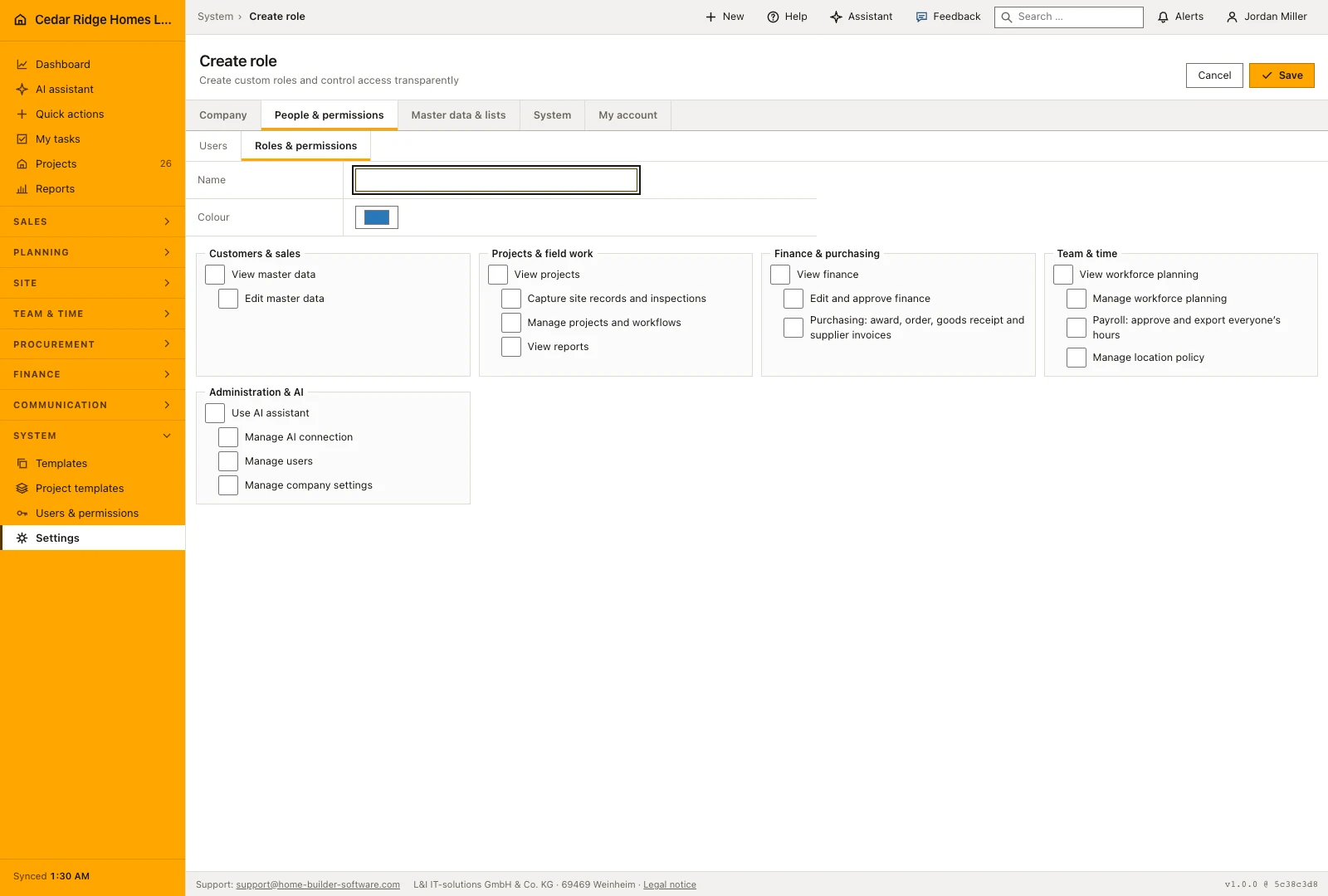 Real product screenshot: Construction roles and permissions