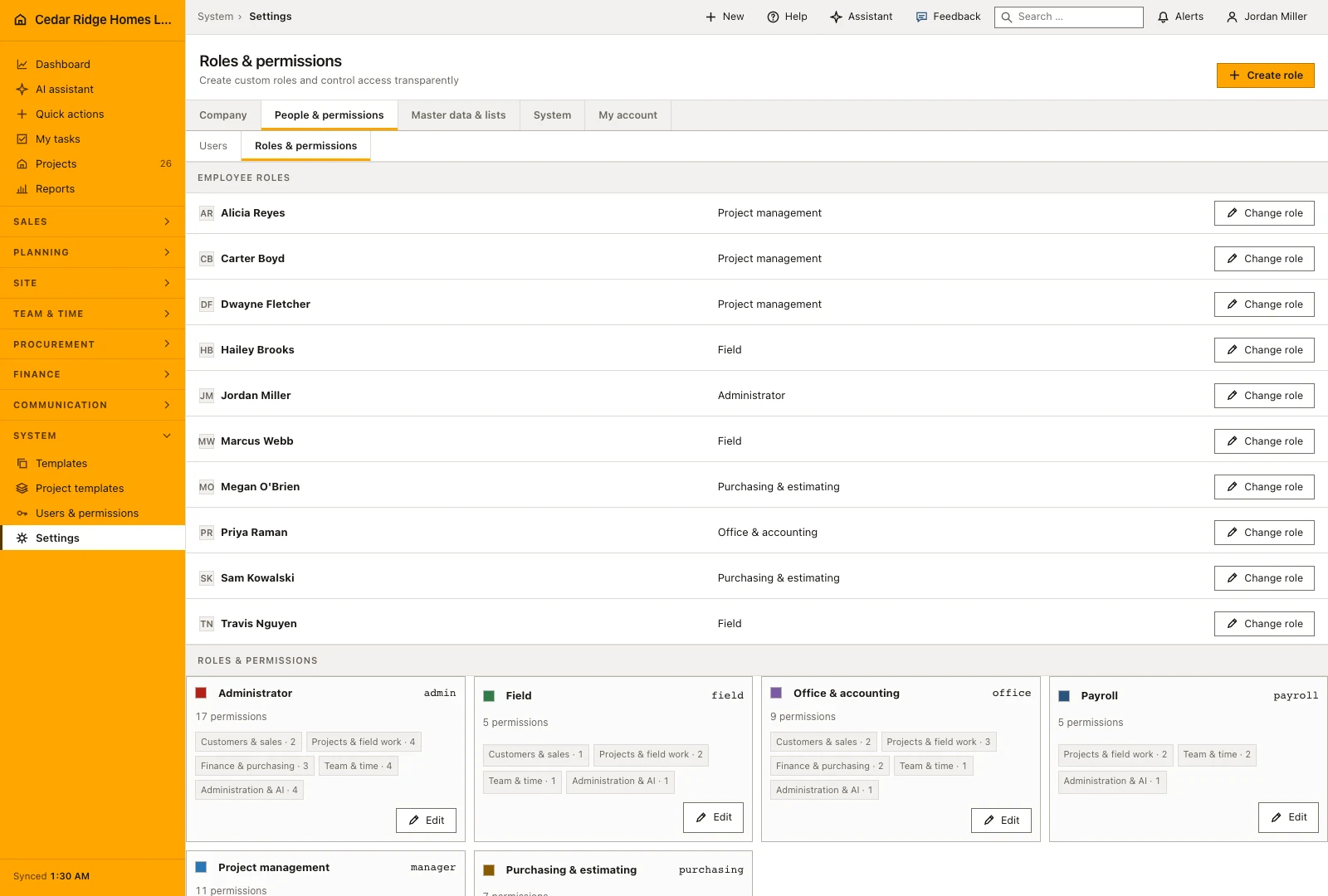 Real Home Builder Software interface for Construction roles and permissions