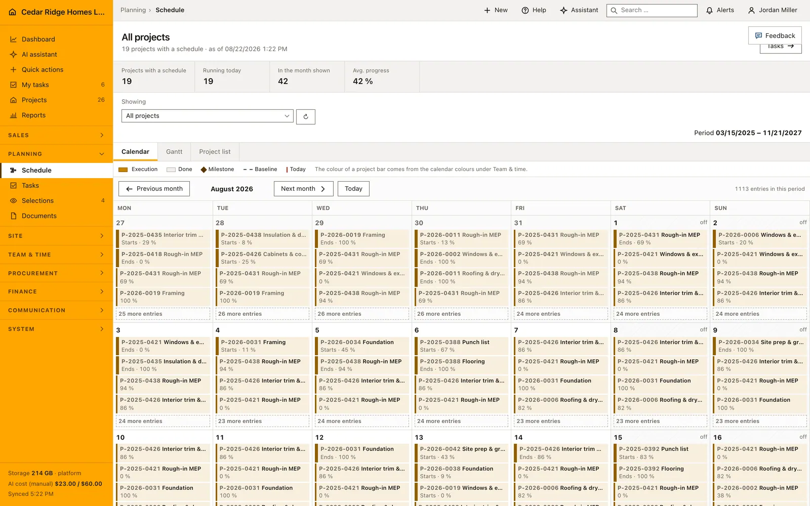Real Home Builder Software interface for Construction scheduling and Gantt planning