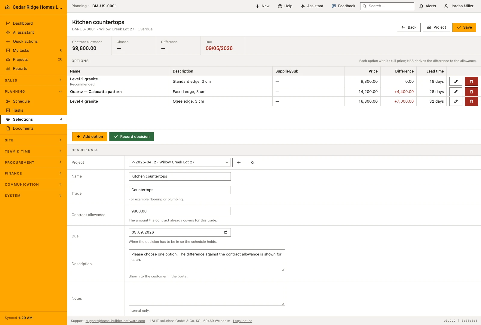 Real product screenshot: Home buyer selections management