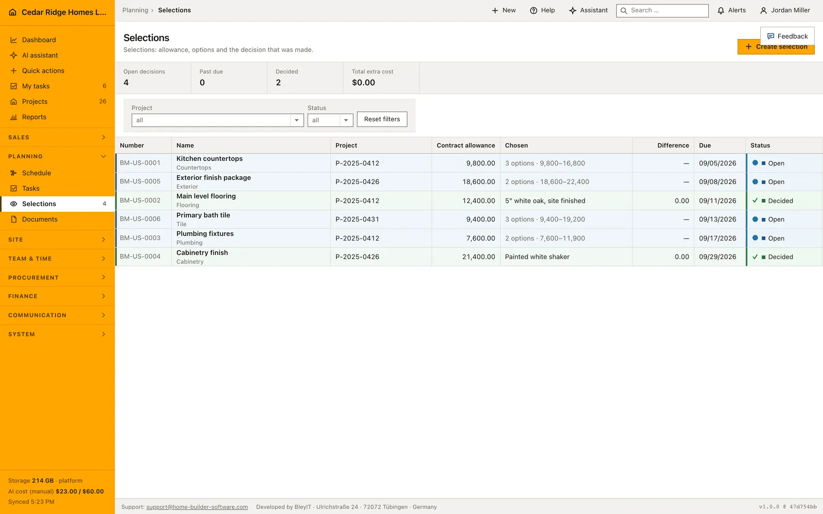 Real Home Builder Software interface for Home buyer selections management